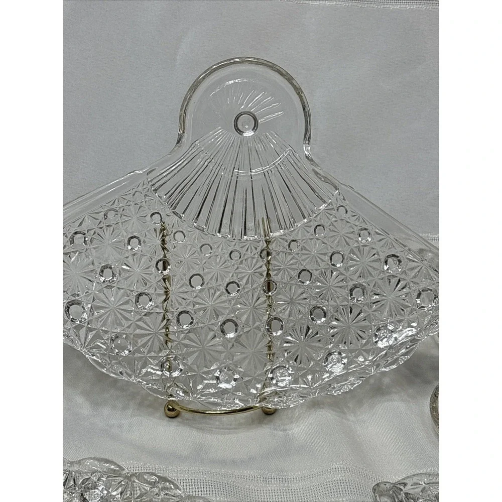 4 Vintage Fan Shaped‎ Vanity Tray Dishes Daisy Button Pattern Anchor Hocking